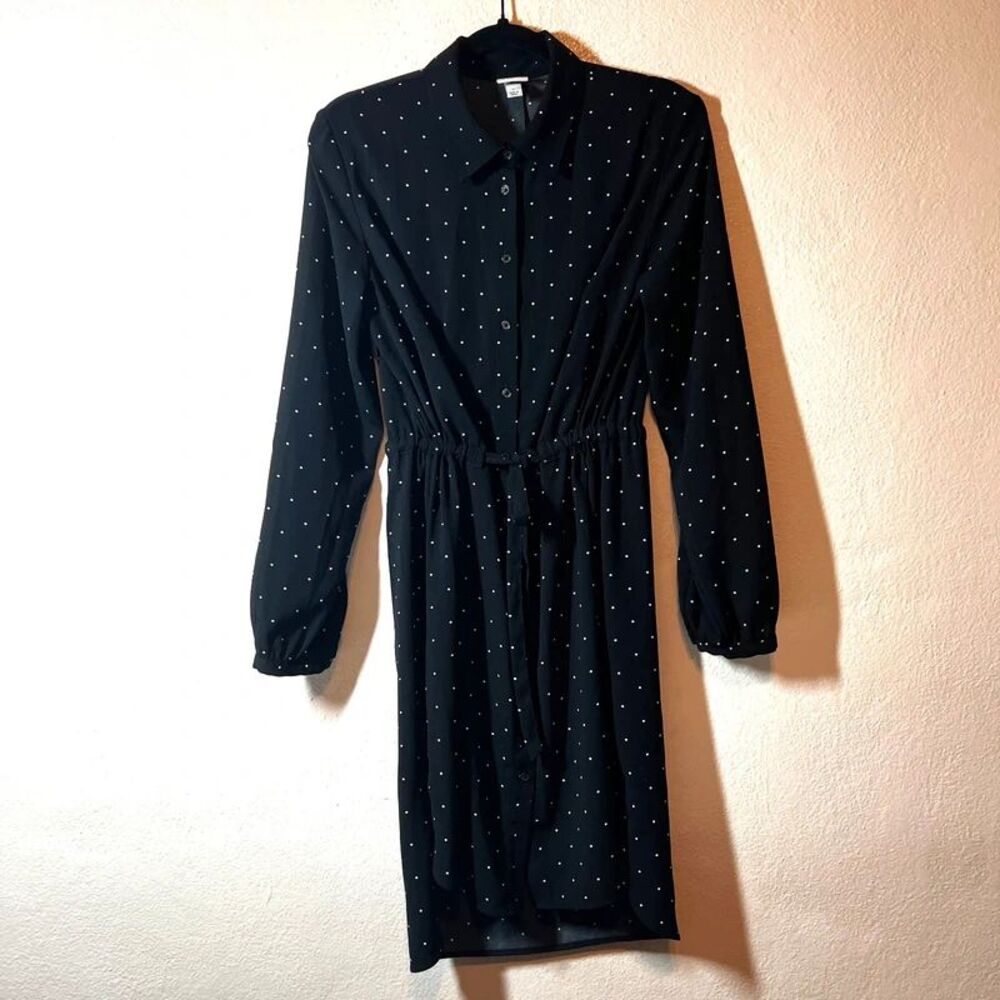 A New Day Women's Size L Black Polka Dot Long-Sleeve Shirt Dress